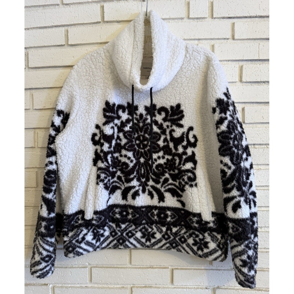 Sabrina Lauren New York Ivory White Black Snowflake Fleece Cowl Neck Sz Large